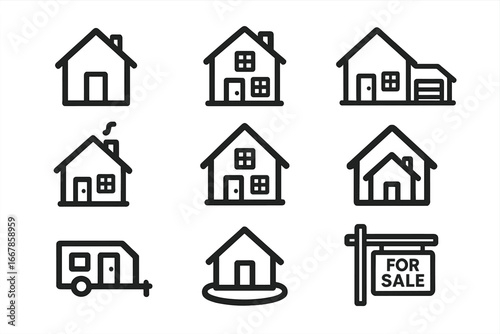 House icon set. Real estate and property concept. Outline symbols for mortgage, rent, sale. Home, building, cottage, camper van, garage. Minimalist vector line art icons.