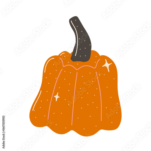Bright orange pumpkin with sparkles in cute minimalist cartoon style isolated vector illustration for autumn and Halloween design.
