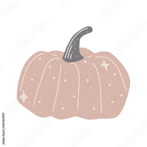 Pastel pink pumpkin with sparkles in cute minimalist cartoon style isolated vector illustration for autumn harvest and Halloween design.