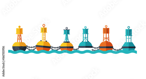 Colorful nautical buoys floating in a calm ocean