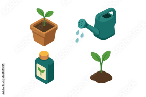 Seedling growth isometric icon set. Plant care concept vector illustration. Sprout in pot, watering can, fertilizer. Metaphor for new life, gardening, and agriculture.