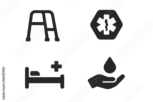 Senior health care vector icon set. Elder care solid pictograms. Walker, medical emergency alert, hospital bed, caregiver, blood donation. Geriatric medicine symbols.