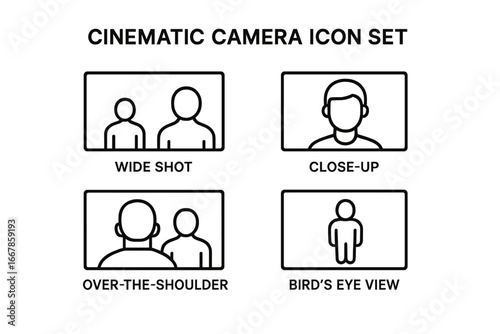 Cinematic camera angles icon set. Filmmaking and video production basics. Line icons for wide shot, close-up, over-the-shoulder, and bird's eye view. Cinematography guide.
