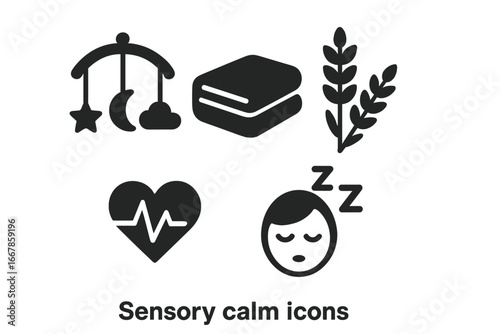 Sensory calm solid icon set. Vector symbols for relaxation, sleep aids. Baby mobile, weighted blanket, lavender, heartbeat sound, and deep sleep for good mental health.