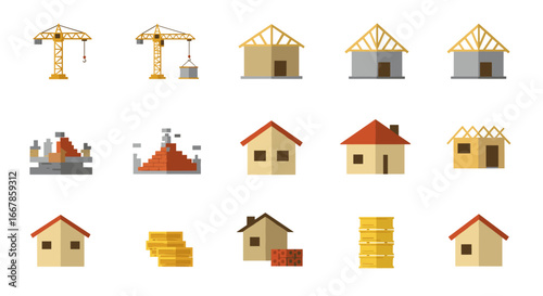 Building process stages in flat design with construction equipment and materials