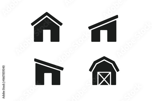 Shed icons collection. Solid filled icon set of shed design types. Gable roof shed, lean-to shed, saltbox shed, and barn-style shed. Vector graphic illustration symbol set.