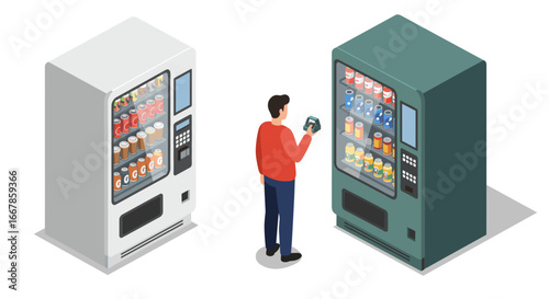Isometric vending machines with person choosing beverage: modern urban interaction