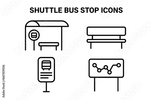 Bus stop line icon set. Public transport vector symbols. Shuttle bus station pictogram collection with shelter, bench, timetable sign, and route map. Simple transit elements.