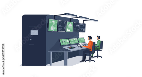 Control room interior with operators monitoring multiple screens for industrial automation