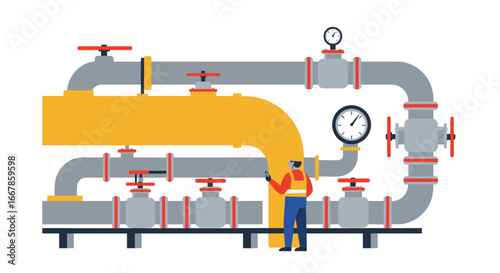 Engineer inspecting industrial piping system with gauges and valves