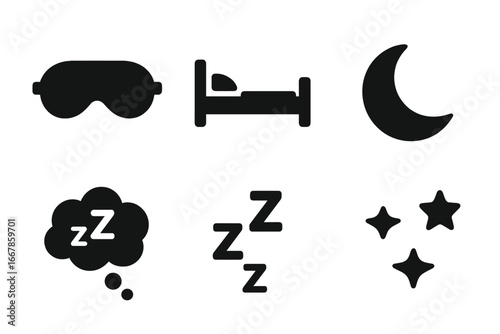Sleep icon set. Solid glyph collection for rest, recovery, and bedtime concepts. Vector symbols of sleep mask, bed, moon, dream cloud, zzz, and stars for night routine.