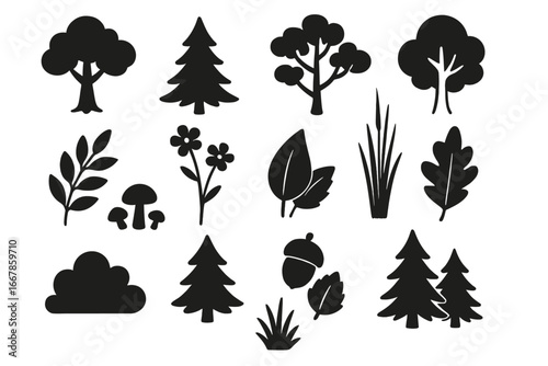 Nature silhouette icon set with trees and plants, forest elements in black silhouette style, vector cartoon illustration, transparent background, assorted natural icons collection