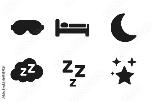 Sleep icon set vector graphic. Solid glyph style symbols for night, rest, dream and relaxation. Sleep mask, bed, moon, stars, and zzz sign for UI, web, and apps. Bedtime.