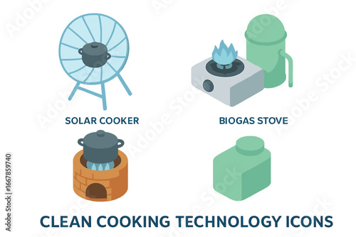 Clean cooking technology icon set. Isometric vector icons of solar cooker, biogas stove, and improved cookstove. Sustainable, eco-friendly, renewable energy solutions concept.