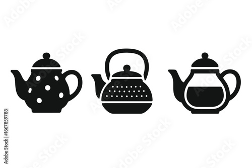Teapot material vector icon set. Solid filled icons of various teapots. Porcelain, cast iron, and glass kettle illustration. Kitchenware for brewing hot drinks and tea.