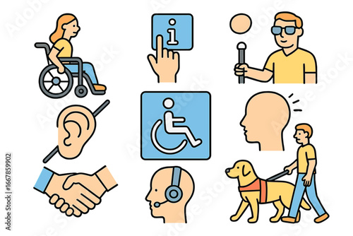Accessibility vector icons collection. Disability and support line icon set for people with special needs. Wheelchair user, blind person with cane, guide dog, deaf symbol.