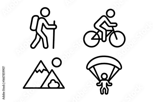 Outdoor activities line icon set with hiking, biking, extreme sports and adventure symbols. Vector cartoon illustration collection for outdoor recreation and active lifestyle transparent background