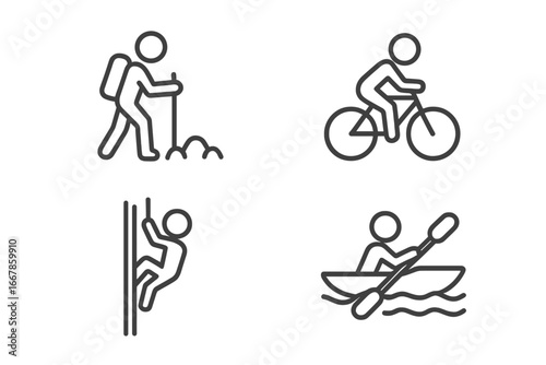 Outdoor activities line icon set, hiking, biking, rock climbing, kayaking, extreme sports linear collection, adventure icons, active lifestyle vector cartoon illustration transparent background