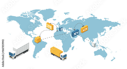 Global logistics network with cargo transport and delivery across world map