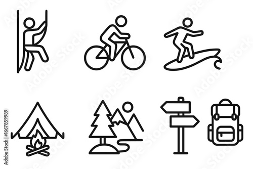 Outdoor Adventure Linear Icon Set with Climbing, Biking, Surfing, Camping, Hiking, Trail Signs, and Backpacking Line Icons, Vector Cartoon Illustration Transparent Background