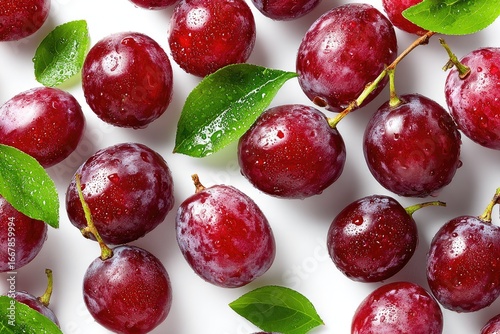 Wallpaper Mural Fresh plums, wet, with leaves, overhead Torontodigital.ca