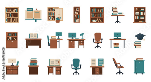 Modern office and library furniture set: desks, chairs, bookshelves and decor elements