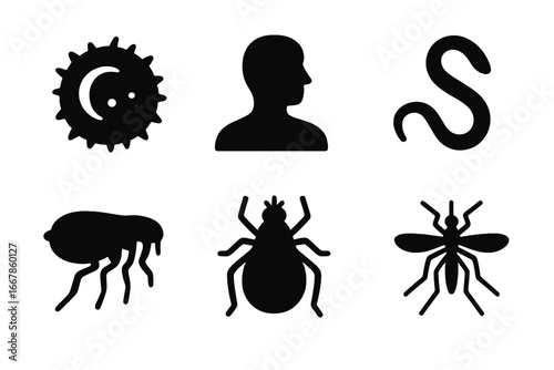 Parasitology icon set solid filled vector. Parasite and host symbols including worm, flea, tick, mosquito, infected cell cartoon illustrations with transparent background for science and medicine