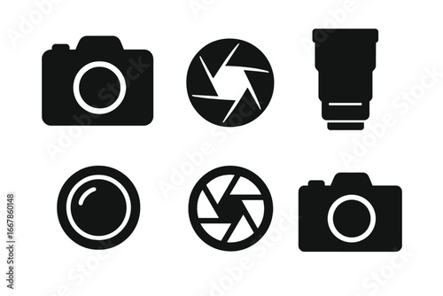 Photography camera silhouette icon set with shutter and aperture symbols, vector cartoon illustration, black solid style, transparent background, ordered collection