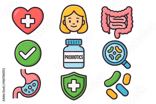 Probiotics icon set vector. Gut health, digestion and healthy flora supplement concept. Stomach, intestine, bacteria, microbiome and digestive system cartoon icons.