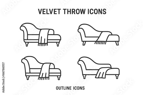 Chaise lounge with throw blanket outline icon set. Living room furniture vector symbols. Home decor, interior styling and cozy lifestyle concept. Editable stroke line art.