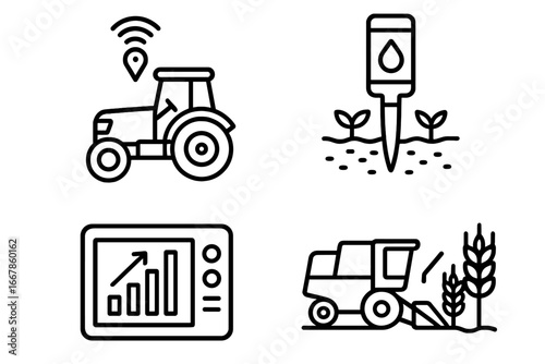 Precision Farming Icons Outline Set of Smart Agriculture Technology with GPS Tractor, Soil Moisture Sensor, Yield Monitor, and Modern Harvesting Machine Vector Illustration