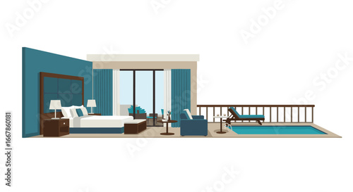 Modern hotel room with balcony and swimming pool in flat design