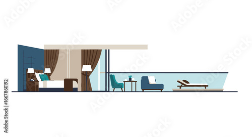 Modern minimalist bedroom and balcony with elegant decor and cozy furniture