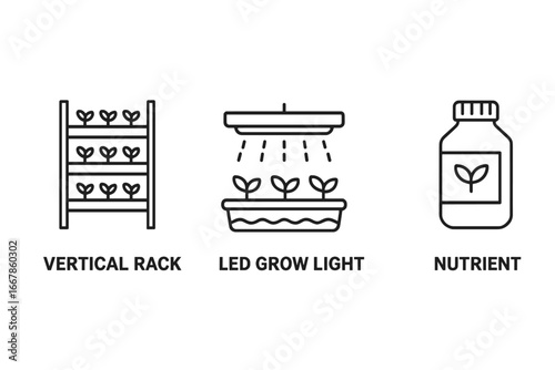 Vertical farming outline icon set. Modern agriculture technology, hydroponics system. Vector icons of vertical rack, LED grow light, plant nutrient solution, soilless cultivation.
