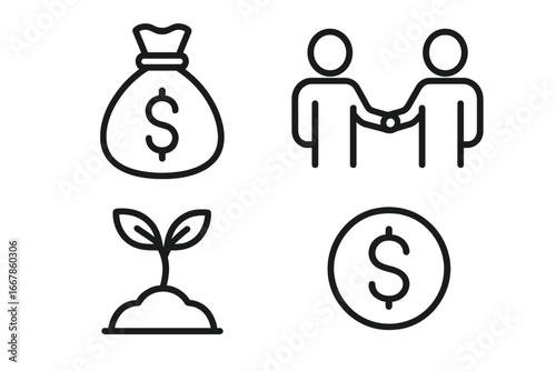 Venture capital icon set. Thin line icons for funding, investment, and startup growth. Includes money bag, investor handshake, seedling, and dollar coin. Business finance concept.