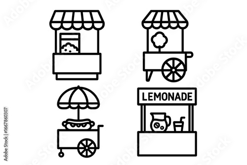 Vendor stall icon set. Street food carts, linear style. Popcorn machine, cotton candy, hot dog stand, and lemonade concession. Market and fair vector graphics collection.