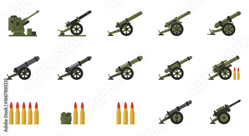 Military artillery and ammunition collection in flat design style