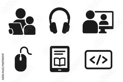 Technology icon set. E-learning and homeschooling concepts with parent, child. Video call, coding, ebook reader, headphones and computer mouse solid glyph vector symbols.