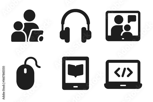 Family technology solid icon set. Parent and child with tablet, video call, headphones, computer mouse, e-book for e-learning, and laptop for coding. Digital media concept.