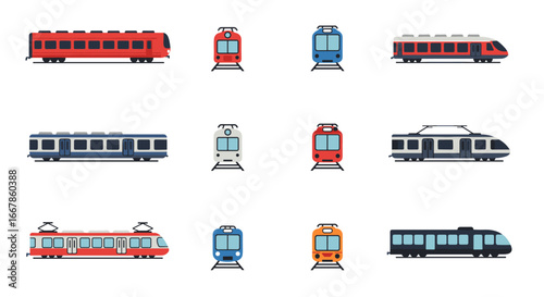 Colorful flat train icons set with diverse styles and designs