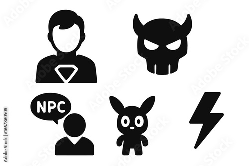Video game character icon set with hero, villain, NPC, sidekick and power-up symbols. Solid glyphs for UI design in gaming. Vector illustration of player and enemy archetypes.