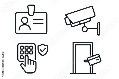 Security and Access Control Line Icon Set, Identification Badge, Surveillance Camera, Keypad Entry with Shield, Card Door Access, Vector Cartoon Illustration Transparent Background