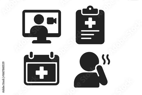Telehealth and telemedicine solid glyph icon set. Includes online doctor video consultation, medical report, appointment calendar, and patient symptom icons. Vector for healthcare.