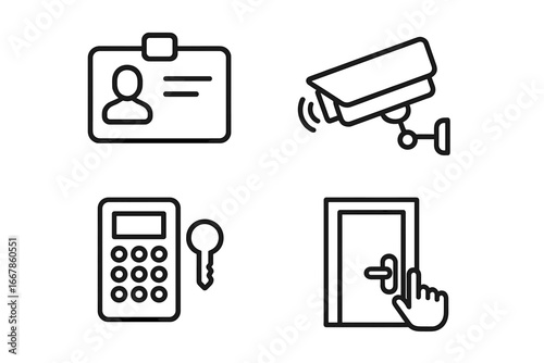 Security and Access Control Line Icon Set with Identification Badge, Surveillance Camera, Keypad Access, and Door Entry Vector Cartoon Illustrations, Transparent Background