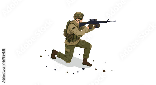 Modern soldier in combat gear kneeling with rifle on white background