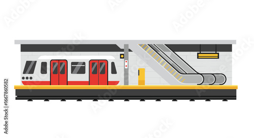 Modern metro station scene with escalator and train on platform in flat design