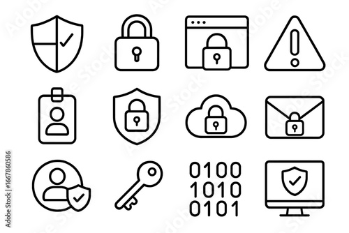 Security and Data Protection Line Icon Set with Safety, Encryption, Lock, Cloud, and User Privacy Outline Symbols, Vector Cartoon Illustration with Transparent Background, Ordered Set 4