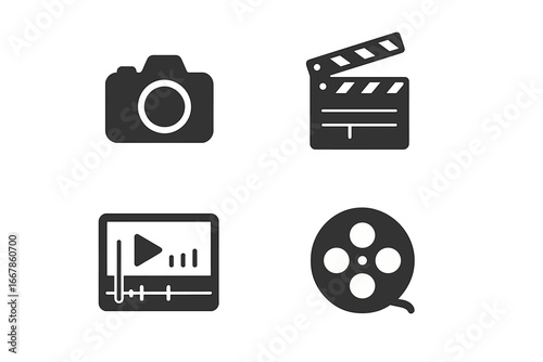 Video production solid glyph icons set. Filmmaking and movie editing vector symbols. DSLR camera, clapperboard, timeline editor, film reel. Cinema concept illustration.