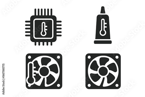 Temperature in electronics solid icon set. CPU processor overheating and cooling concept. Computer hardware components vector icons. Cooler fan, thermal paste, heatsink glyph.