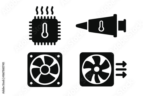 Computer hardware cooling glyph icon set. CPU processor overheating, thermal paste, and cooler fan solid icons. Electronics temperature and PC maintenance vector concept.